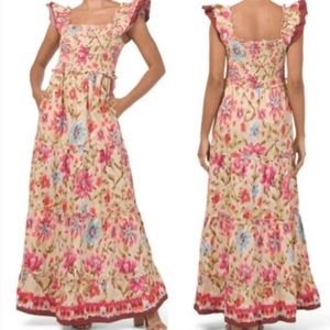 House Of Harlow 1960 Zoey Khaki Floral Print Smocked Maxi-S